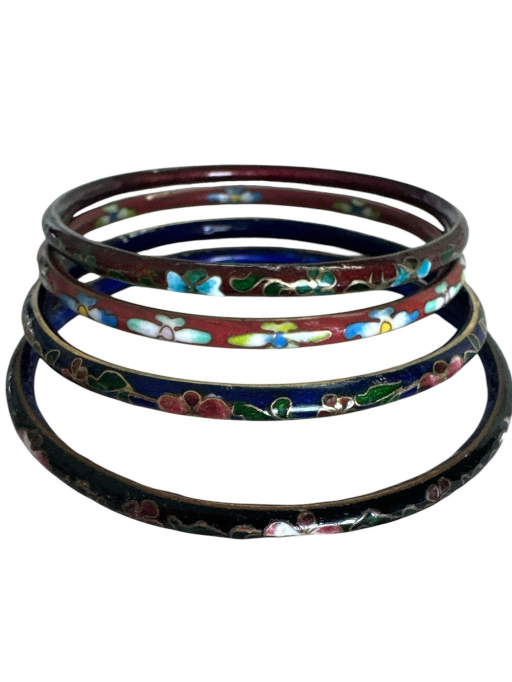 Vintage Cloisonné Floral Multi-Color Bangle Bracelet Set of 4